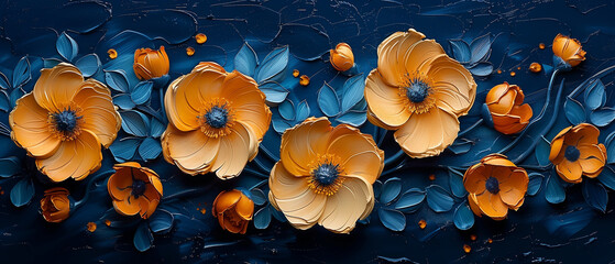Oil painting of the orange golden roses on blue background