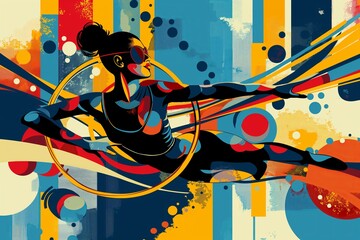 Athlete doing gymnastic in a sports competition, creative colorful cartoon funky abstract art flat illustration