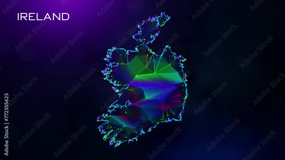 Poster futuristic motion reveal ireland map polygonal blue purple colorful connected lines and dots network