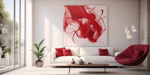 Minimalist furnishings against a backdrop of a striking ruby and white back art wall, creating a sense of balance and harmony.