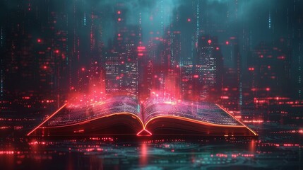 This is an infographics and book concept of evolving technologies that can be used to create e-books or e-education. Modern illustration on a dark background with a digital futuristic look.