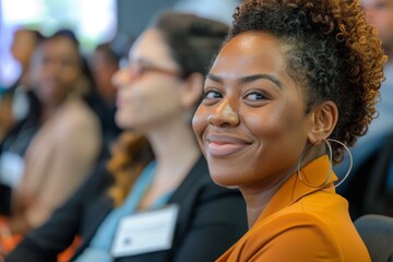 A portrait of a confident businesswoman smiling warmly, attending a professional conference or seminar with blurred attendees in the background.