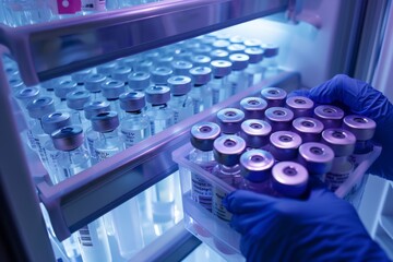 A laboratory technician in blue gloves stores medical vaccine vials in a cold refrigerator, depicting healthcare and medical research.