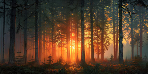 Sunrise in the Tall Trees. Olympic National Forest in Olympic National Park.  generative ai 