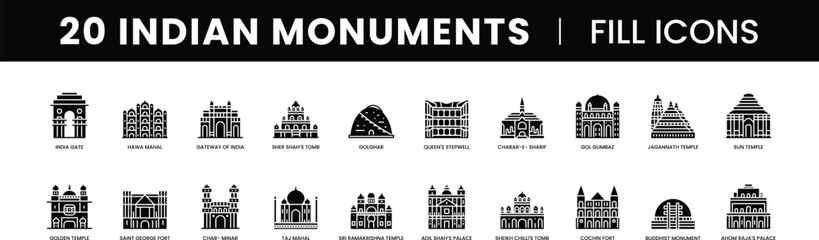 Famous Indian monuments and Landmarks like Taj Mahal, India Gate, Golden Temple, Charminar, Golghar, Hawa Mahal, Jagannath Temple, Gateway of India, Buddhist Monument, Sun Temple.