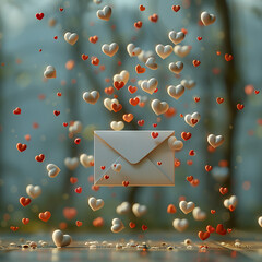 envelope standing up opening with red hearts, generative ai