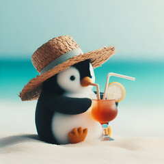 A stuffed penguin donning a straw hat sips a drink, symbolizing relaxation on a sunny beach