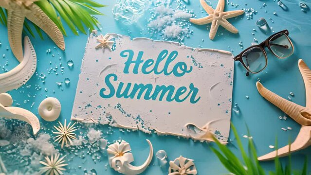 Summer themed flat lay with  Hello Summer  text, starfish, sunglasses, and seashells on blue background.