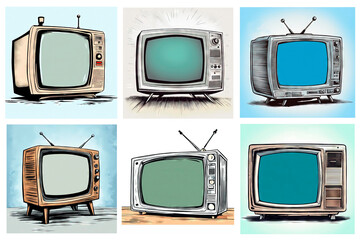 Set of sex vintage backgrounds with an old cartoon TV in the style of a comic book with a place for text.