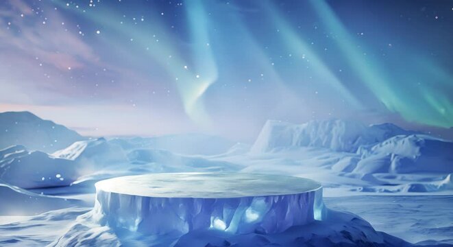 Ice podium in a wintry landscape, northern lights flickering in the background