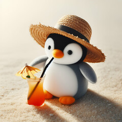 A whimsical penguin toy wearing a straw hat