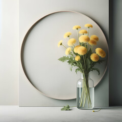 A minimalist composition of yellow dandelion flowers prominently positioned within a clear vase against a circular beige backdrop. Minimal aesthetic. Interior design concept. Modern living. Copy space