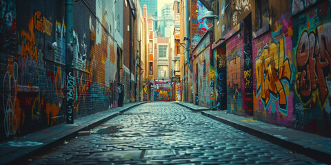 Urban Alleyway with Graffiti Walls and Cobblestone Path Atmospheric Street Art Scene in the City - obrazy, fototapety, plakaty