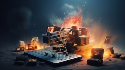 Illustration design for online shopping, laptop, shopping basket, grocery items, with a light in the dark background.