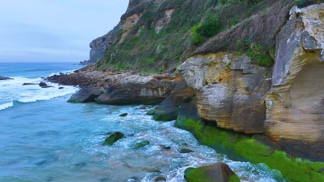Coastal landscape around Lua&ntilde;a or C&oacute;breces beach. Aerial view from a drone. Alfoz de Loredo Municipality. Cantabrian Sea. Cantabria. Spain. Europe