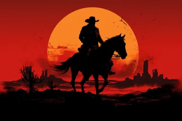 Tuinposter Stately Silhouette cowboy horse. Lonely and brave rider against endless wasteland. Generate AI © juliars