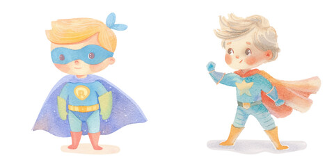 kid wearing super hero outfit watercolor vector illustration