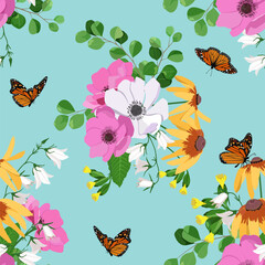 Vector pattern with primrose, anemone, eucalyptus, field bells and butterflies