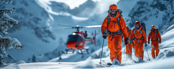 The skiers are wearing orange jackets and are carrying skis - obrazy, fototapety, plakaty