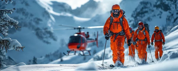 Foto op Plexiglas The skiers are wearing orange jackets and are carrying skis © Creative Clicks