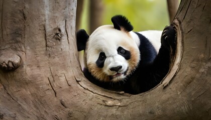 A Giant Panda Peeking Out From A Hollow Tree Trunk  2