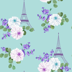 Seamless beautiful vector illustration of a stylized Eiffel tower with lavender and chrysanthemum