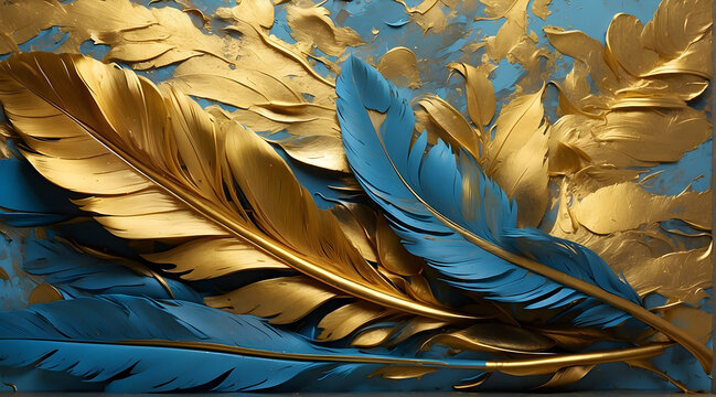 A single elegant golden feather rests gracefully on a rich blue textured backdrop, depicting serenity and refinement