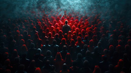 Group of people in front of red and blue background. Concept of leadership. - obrazy, fototapety, plakaty