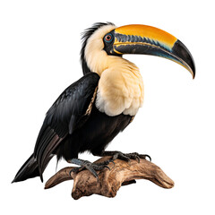 Fototapeta premium Portrait of a Toucan bird on a tree branch, isolated on transparent background