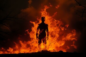 Ominous Silhouette man fire. Outdoor night. Generate Ai