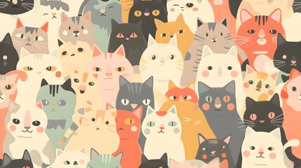Cartoon cute cat characters pattern. Different colorful kawaii anime style cat`s poses and emotions set. Flat pastel color simple style design phone wallpaper banner poster