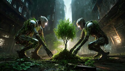 A group of symbiotic half cyborg, half plant creatures planting trees in a post apocalyptic city AI...