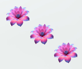 A repetitive pattern of three neon pink and turquoise lotus flowers on the white background....