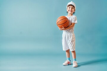 Full length portrait of a little boy playing basketball isolated on a blue background