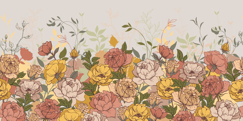Horizontal endless botanical border, wallpaper. Hand drawn roses, plants, leaves. Colorful blossoms, buds, field.