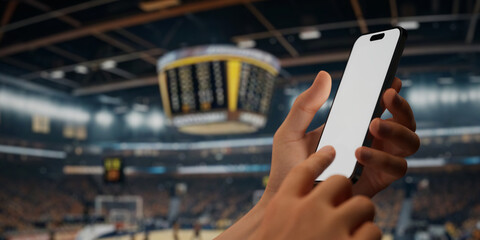 Caucasian man using smartphone during a game on basketball arena