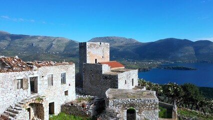 old rural  abandoned village in the beauty of nature and the sea coast of the Peloponnese, Mani...
