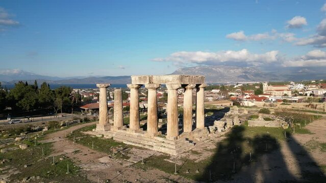 The Acrocorinth, translatable as "High Corinth", is the acropolis of ancient Corinth. It is located on a rocky outcrop overlooking the city of Corinth. drone aerial view historic ruines in Peloponese
