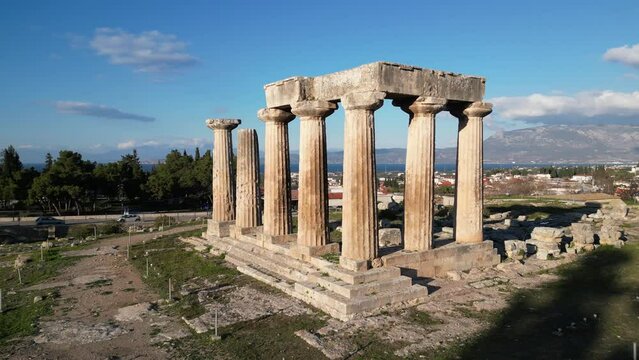 The Acrocorinth, translatable as "High Corinth", is the acropolis of ancient Corinth. It is located on a rocky outcrop overlooking the city of Corinth. drone aerial view historic ruines in Peloponese