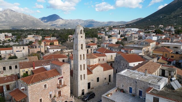 Iconic aerial scenery over the old historical town of Areopoli Lakonia, Greece -  Mani Peninsula Peloponnese - drone aerei view old historic traditional village 