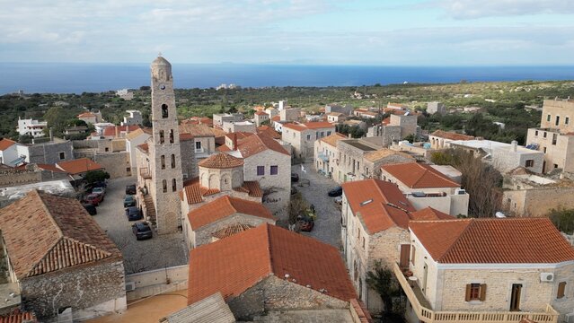 Iconic aerial scenery over the old historical town of Areopoli Lakonia, Greece -  Mani Peninsula Peloponnese - drone aerei view old historic traditional village 