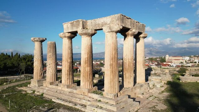 The Acrocorinth, translatable as "High Corinth", is the acropolis of ancient Corinth. It is located on a rocky outcrop overlooking the city of Corinth. drone aerial view historic ruines in Peloponese