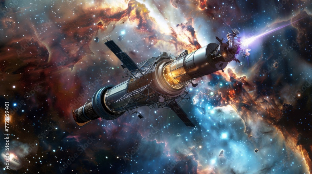 Poster space station orbiting in outer space