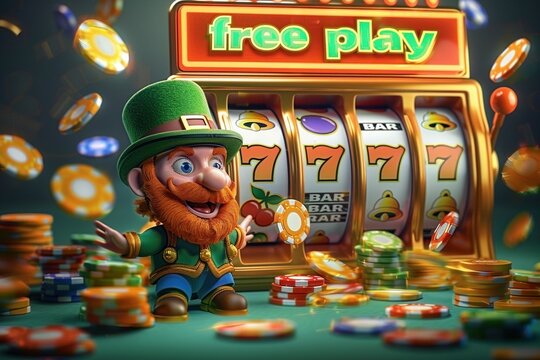 A vibrant game poster explodes with color. A cheeky leprechaun stands proudly next to a glowing slot machine offering "FREE PLAY." Coins rain down amidst playful game show elements