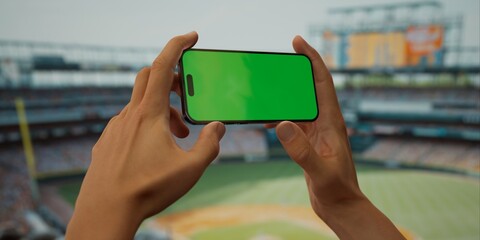 A hand holds a smartphone with a green screen at a baseball stadium
