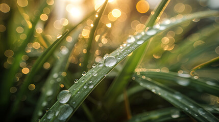 Obraz premium Morning Dew: Water Droplets on Blades of Grass with Sunlit Bokeh Background 