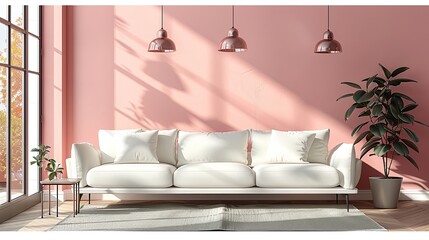 Chic Living Room with Plush White Sofa and Pink Accents in Modern Home