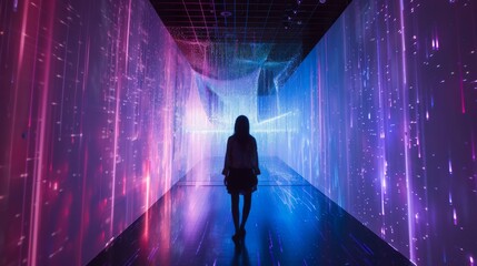 Woman Standing in Tunnel of Lights