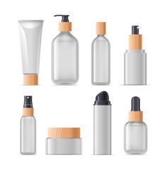 Set Of Cosmetic Bottles In Various Shapes And Sizes. 3d Vector Mockups For Showcasing Branding And Packaging Designs