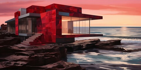 Radiant ruby tones infusing a seaside exterior with energy and vibrancy, mirroring the dynamic rhythm of the ocean waves.